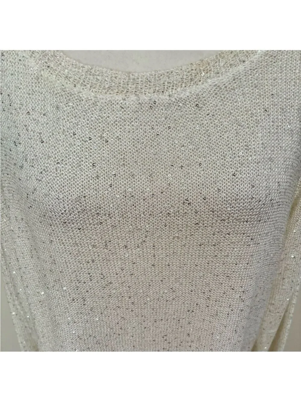 Sioni Winter White Sparkle Sweater XL – Hi-Lo Hem, Chiffon Lining, Rhinestone